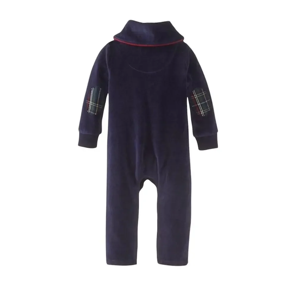 Mud Pie One Piece Baby Boys 6-9M Navy Velour Romper Plaid Patch Shawl Collar New
